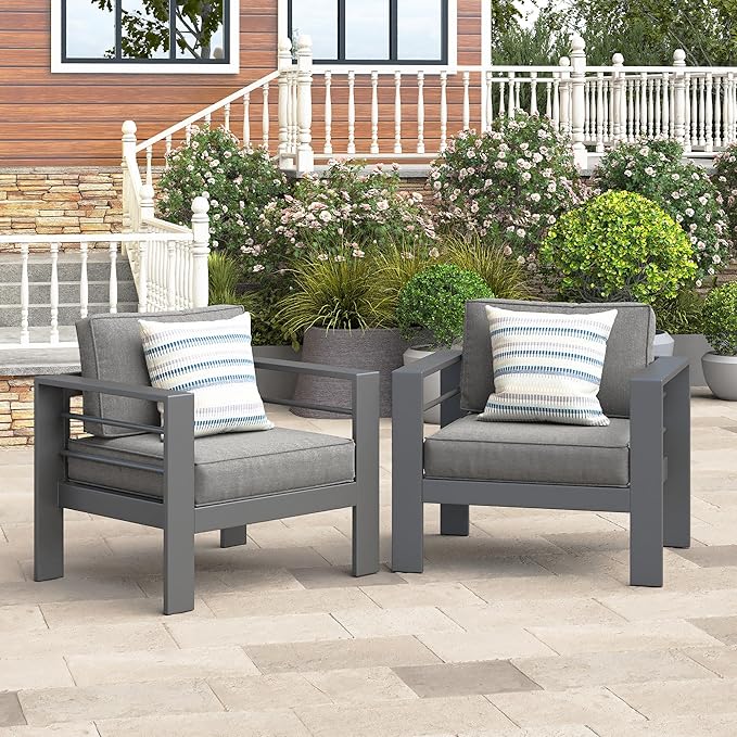 Wisteria Lane Patio Furniture Metal Armchair, Set of 2, Metal Outdoor Chairs with Upgraded Cushions, All-Weather Outdoor Single Sofa for Balcony, Garden, Deck, Backyard, Grey