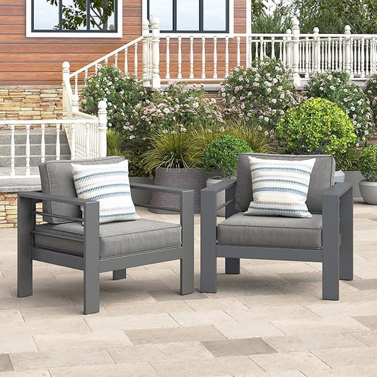 Wisteria Lane Patio Furniture Metal Armchair, Set of 2, Metal Outdoor Chairs with Upgraded Cushions, All-Weather Outdoor Single Sofa for Balcony, Garden, Deck, Backyard, Grey