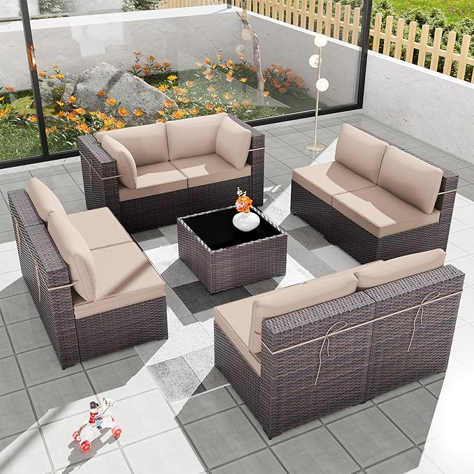 Kurapika 9 Pieces Patio Furniture Set, Rattan Wicker Outdoor Conversation Sets w/4 Inch Cushion and Glass Coffee Table(Sand)