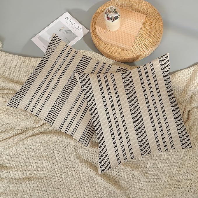 Boho Pillow Covers 18x18 Pack of 2 Black Polka Dot Stripe Decorative Throw Pillow Covers Bohemian Abstract Modern Decor Pillowcase Farmhouse Linen Cushion Case for Sofa Couch,Outdoor Decoration
