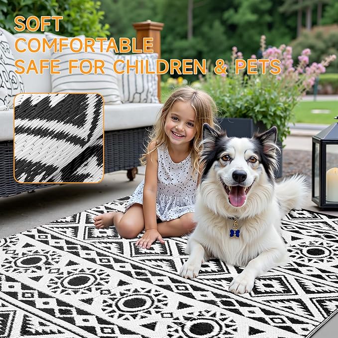 Outdoor Rug Waterproof 8x10 ft, Reversible Outdoor Plastic Straw Rug Patio Rug, RV Rugs for Outside, Outdoor Carpet for Patio Camping Deck Balcony Backyard, Black & White