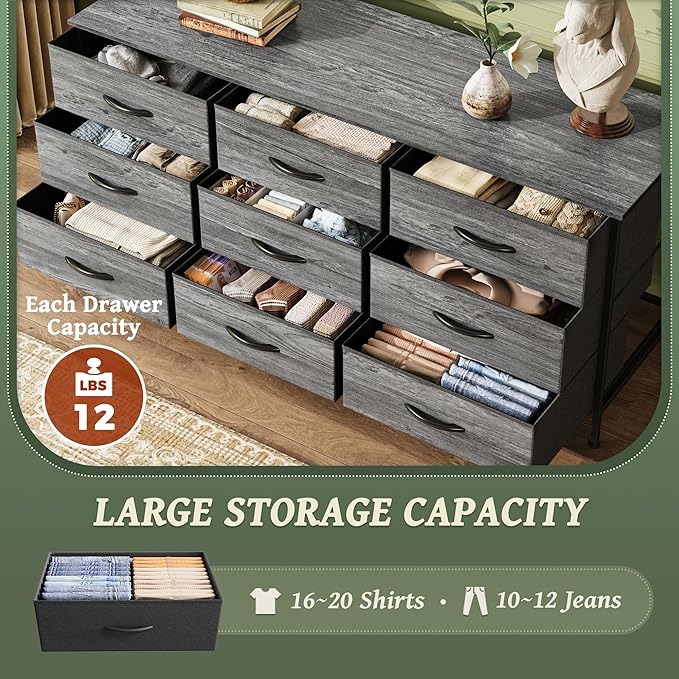 Huuger 9 Drawer Dresser for Bedroom, 47 Inch Dresser TV Stand for 50, 55 Inch TV, Entertainment Center with Drawers, Fabric Drawer with Storage, Closet, Grey