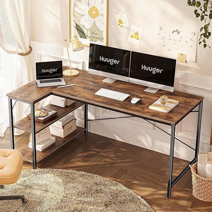 Huuger L Shaped Desk, 55 Inches Computer Desk with Reversible Storage Shelves, for Gaming Corner Home Office Writing Study, Metal Frame, Rustic Brown