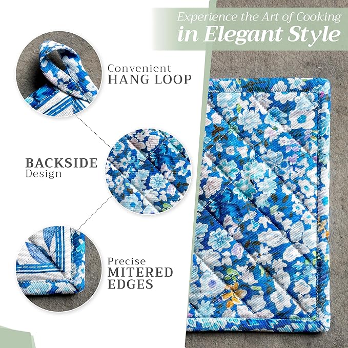 Maison d' Hermine Pot Holders 100% Cotton Heat Resistant Potholders 8" x 8" Hot Pads with Loop BBQ, Cooking, Baking, Grilling, Kitchen, Handling Hot Pans Spring/Summer (Pack of 1, Summer Blues)