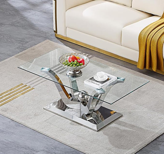 HomVent Modern Glass Coffee Table, with Stainless Steel, Living Room Table for Living Room Bedroom
