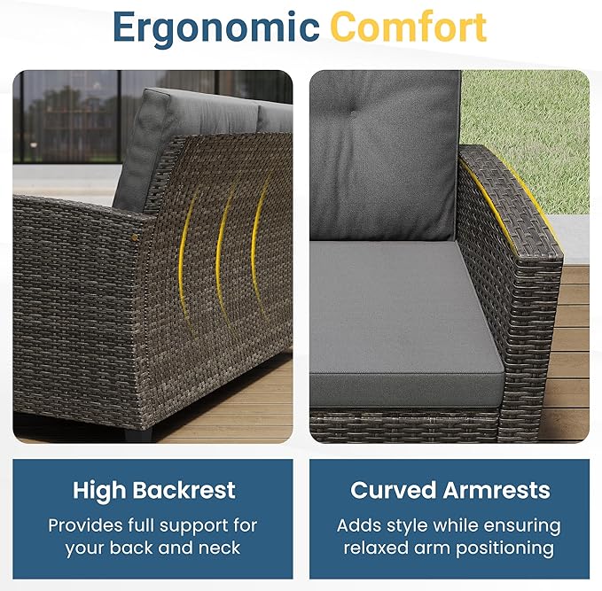 Wisteria Lane 4 Piece Patio Furniture Set, Wicker Outdoor Patio Conversation Furniture Set, All Weather Outdoor Patio Sofa with Cushion and Glass Table, Gray Wood