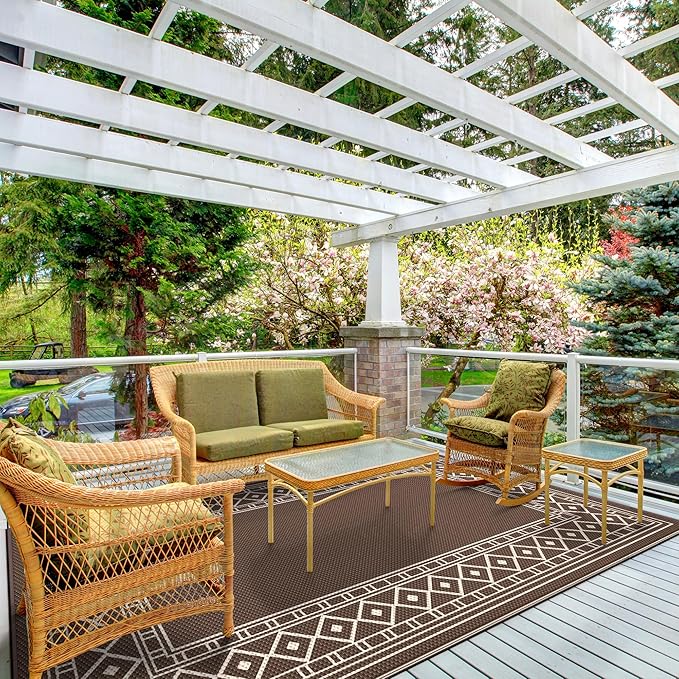 GENIMO Outdoor Rug Waterproof for Patio Decor, 5'x8' Reversible Plastic Straw Rug Carpet, Camping Mat for Outdoor, RV, Backyard, Deck, Balcony, Picnic, Beach, Coffee & Beige