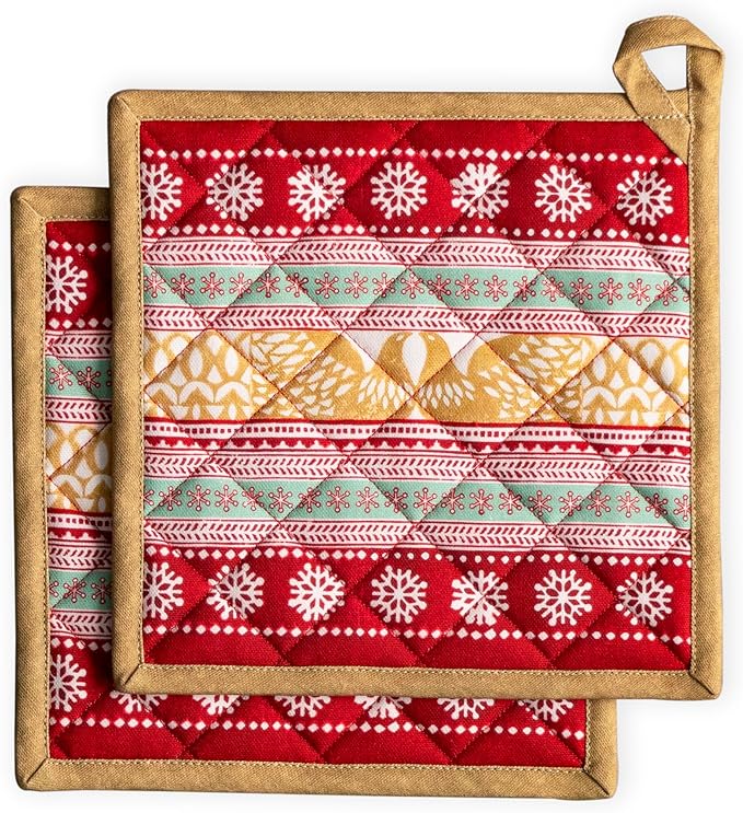 Maison d' Hermine Pot Holders Set 100% Cotton Heat Resistant Potholders 8" x 8" Hot Pads with Loop for Thanksgiving Christmas Decorations BBQ Cooking Baking Handling Hot Pans (Pack of 2, Sofia)