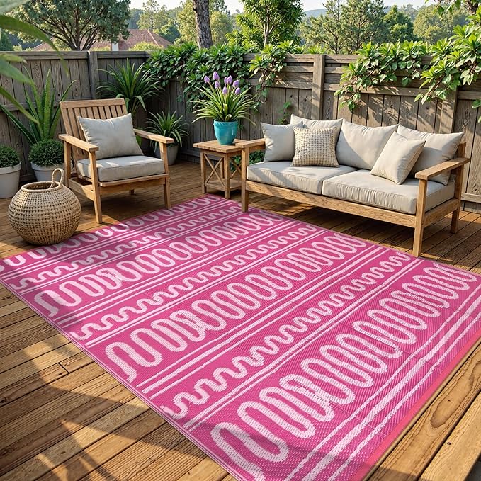 Beeiva Outdoor Waterproof Rug 8x10, Plastic Reversible Outdoor Camping Rug, Pink Patio Rug for Deck, Balcony, Backyard, Porch, Camping, Picnic - Pink