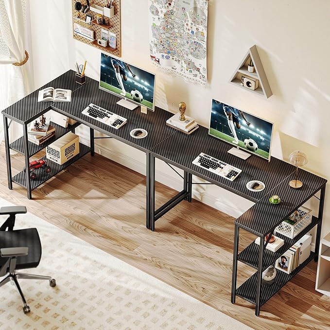 Huuger L Shaped Desk, 47 Inch Gaming & Home Office Desk with Reversible Storage Shelves, Metal Frame, Carbon Fiber Black