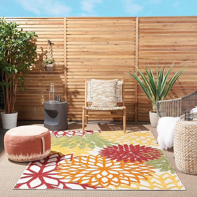 Nourison Aloha Indoor/Outdoor Red Multi Colored 6' x 9' Area Rug, Tropical, Botanical, Easy Cleaning, Non Shedding, Bed Room, Living Room, Dining Room, Deck, Backyard, Patio (6x9)