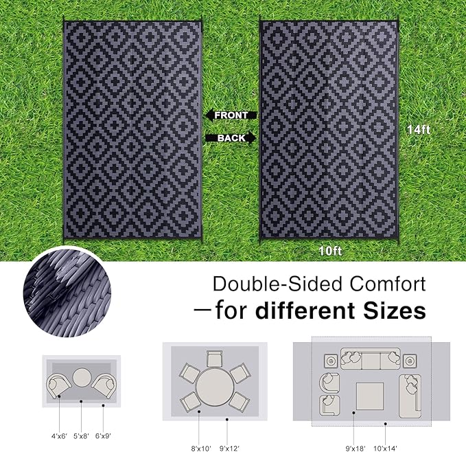 OLANLY Waterproof Outdoor Rug 10x14 ft, Outdoor Plastic Straw Rug for Camping, RV Mat Outside, Indoor Outdoor Carpet for Porch, Deck, Backyard, Balcony, Picnic, Black & Grey