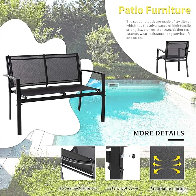 Shintenchi 4 Pieces Patio Furniture Set All Weather Textile Fabric Outdoor Conversation Set, with Glass Coffee Table, Loveseat, 2 Single Chairs for Home, Garden, Lawn, Porch（Black）