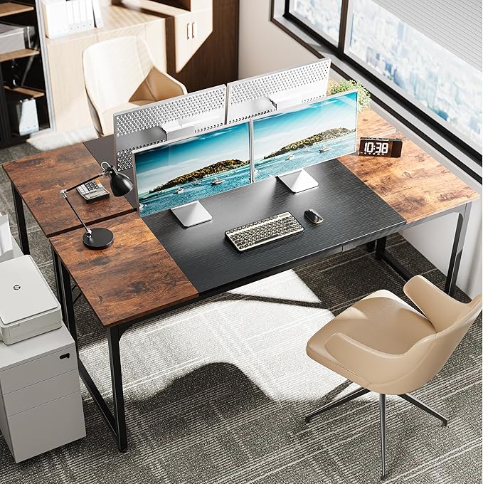 Huuger Computer Desk, 70 Inch Office Desk, Gaming Desk with Storage, Writing Desk Work Desk for Home Office, Study, Long Simple Desk, Large Legroom, Metal Frame, Rustic Brown and Black