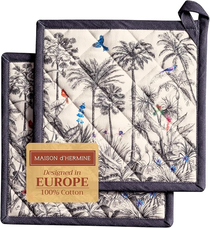 Maison d' Hermine Pot Holders Set 100% Cotton Heat Resistant Potholders 8" x 8" Hot Pads with Loop for Thanksgiving Christmas Decorations BBQ Cooking Baking Handling Hot Pans (Pack of 2, Amazonia)