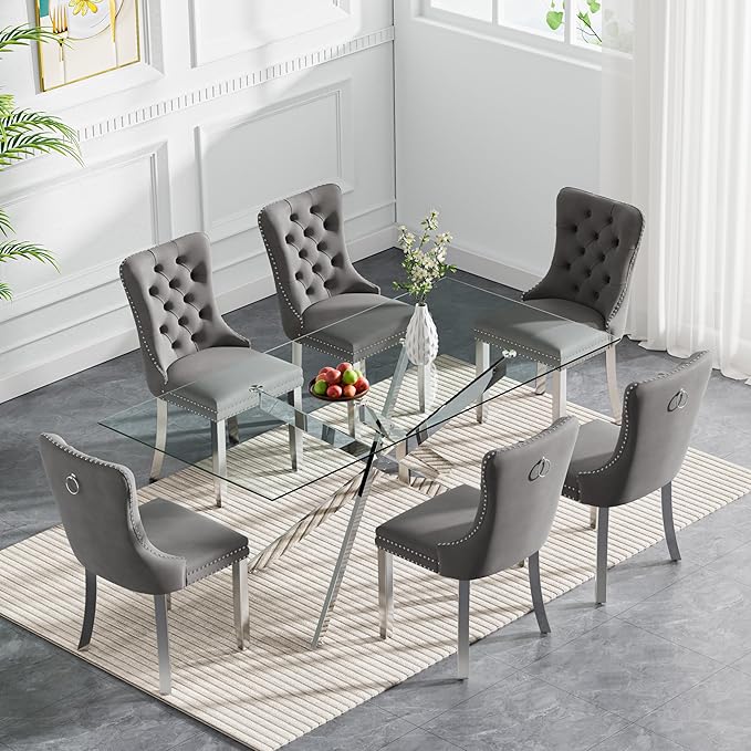 Goujxcy 7 Piece Glass Dining Table Set Modern Glass Dining Table Set for 6, 61" Rectangular Silver Kitchen Table and 6 Velvet Upholstered Chairs, Silver Table & Gray Chair