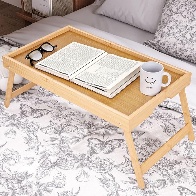 Bamboo Bed Tray Table with Foldable Legs Breakfast Tray, Lightweight Laptop Desk for Eating, Reading, Working in Bed or Sofa – Portable Lap Desk with Handles, Perfect for Home - Natural