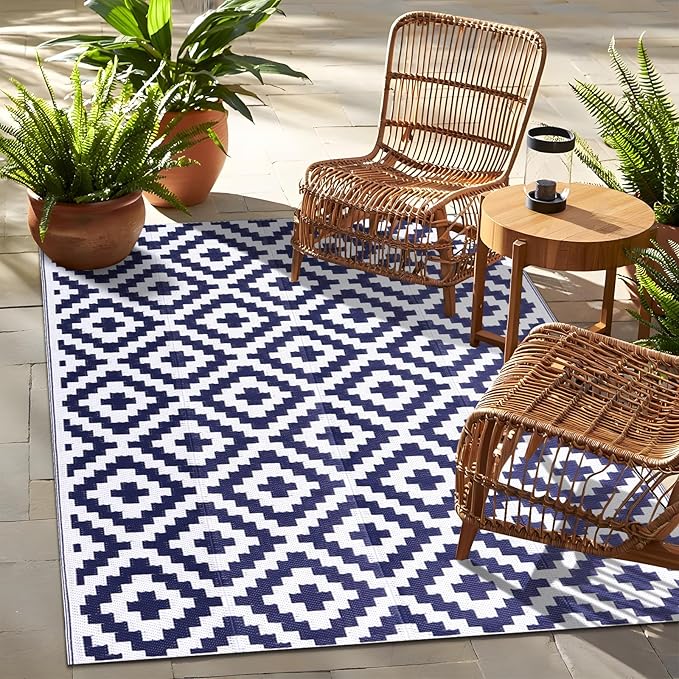 OLANLY Waterproof Outdoor Rug 4x6 ft, Outdoor Plastic Straw Rug for Camping, RV Mat Outside, Indoor Outdoor Carpet for Porch, Deck, Backyard, Balcony, Picnic, Navy & White