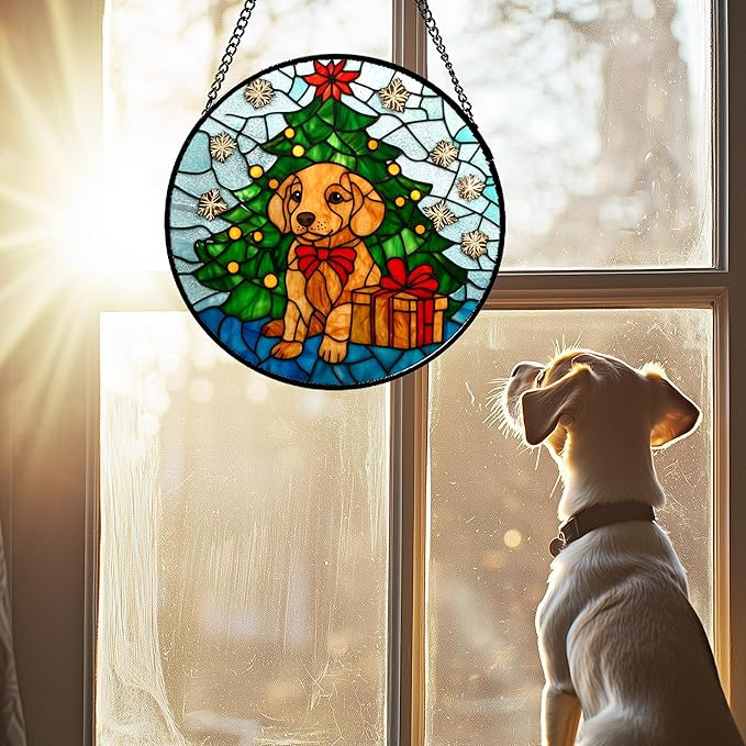 Stained Glass Window Hanging Green Christmas Tree Snowflake Dog 6.3" - Suncatcher Door Garden Sun Catcher Xmas Holiday Decor Birthday for Mom Men Woman Friend Nana