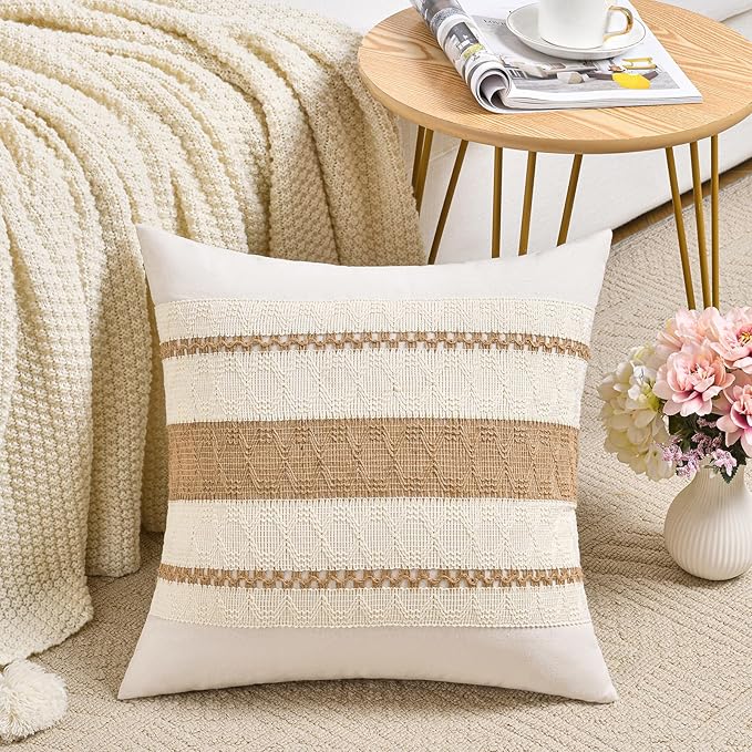 Fancy Homi Set of 2 Boho Neutral Decorative Throw Pillow Cover 16x16 Inch for Couch Bed Sofa, Aesthetic Modern Organic Farmhouse Home Decor, Soft Cotton Cute Accent Macrame Woven Tan Cushion Case