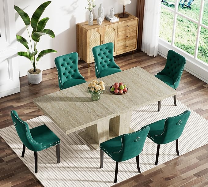 Goujxcy 7-Piece Extendable Dining Table Set for 6, 63-78 Inch Faux Travetine Kitchen Table Set with 6 Green Upholstered Chairs Modern Wood Expandable Dining Room Table Set for Kitchen Apartment