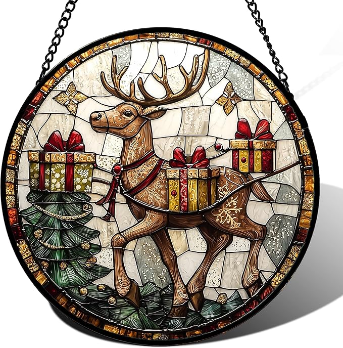 Stained Glass Window Hanging, Christmas Tree Elk Sun Catchers Colorful Glass Panel Retro Suncatcher Decor for Birthday for Women, Men, Wife, Aunt, and Mom 15x15 in