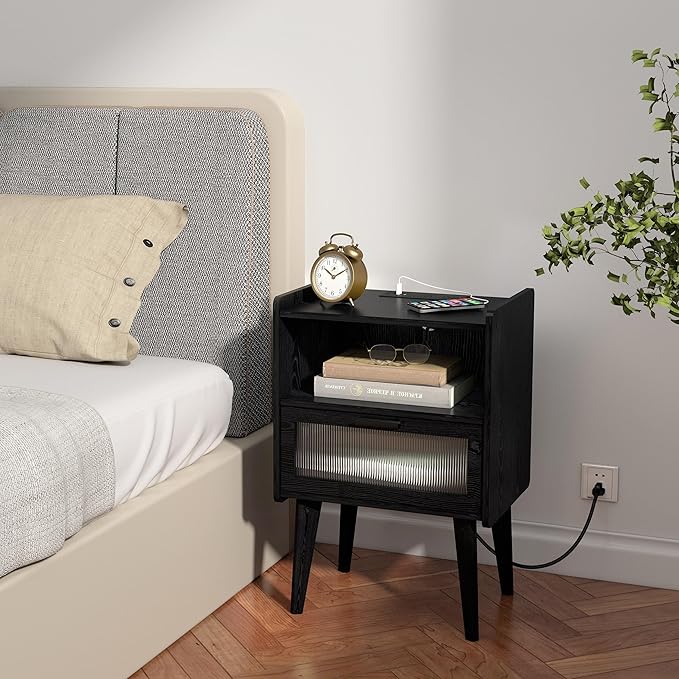 Nightstand with Charging Station, Bedside Tables with Glass Decorative Door, Black Wood Grain End Table, Side Table with 2 Tiers Storage Space for Bedroom Living Room CAMLBZ07XE