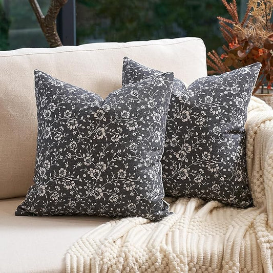Alerfa Set of 2 Floral Pillow Covers 18x18, Vintage Block Print Throw Pillow Covers Decorative Farmhouse Accent Couch Pillows for Living Room Bedroom, Black