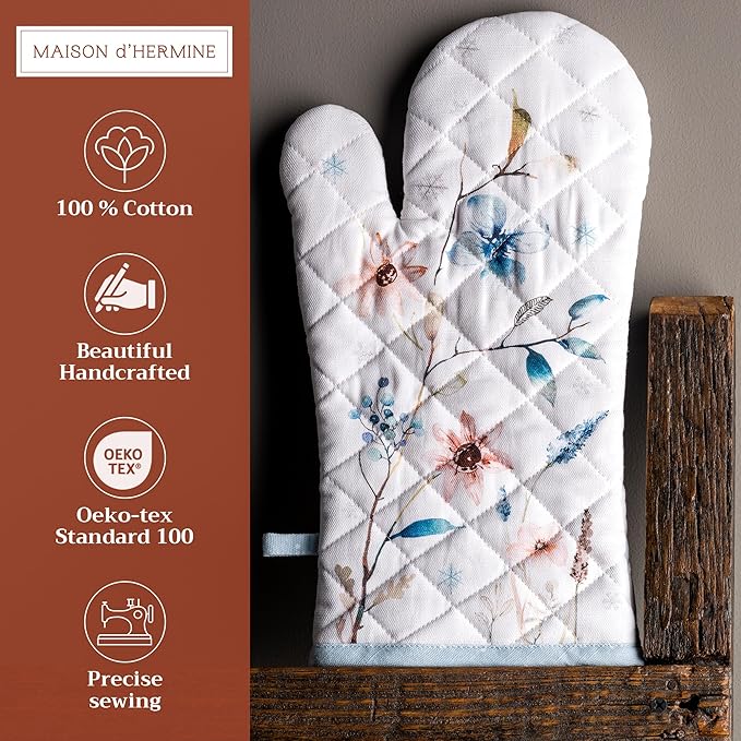 Maison d' Hermine Oven Gloves 100% Cotton Oven Mitt 7" x 13" with Loop Heat Resistant BBQ Cooking Gloves for Thanksgiving Christmas Decorations Baking Handling Hot Pans (Pack of 1, Ice Florals)
