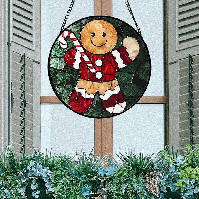 Stained Glass Window Hanging 4 Pcs Set Red Christmas Stockings and Gingerbread 6.3" - Suncatcher Door Garden Sun Catcher Decor Birthday Mother's Day Xmas Gifts for Mom Woman Nana Men