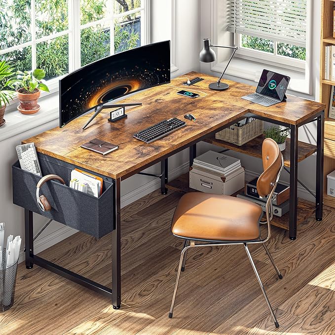 EnHomee 48 Inch L Shaped Gaming Desk, Computer Desk with Storage Shelves & Side Bag, Office Desk with Power Outlets, Small Corner Desk for Small Space Home Office Bedroom, Study Writing Table, Brown