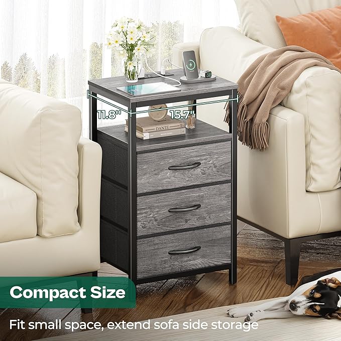 Huuger Nightstand with Charging Station, 27.6 Inch End Table Bedside Table with USB Ports and Outlets, Night Stand for Bedroom, Fabric Drawers, Grey