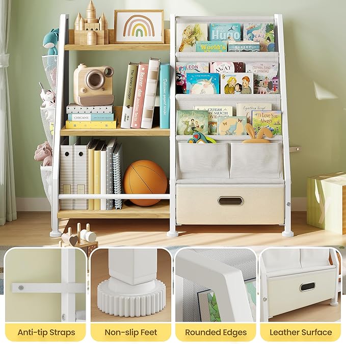 Kids Bookshelf and Toy Storage Organizer: Book Shelf for Kids Room with Drawer to Store Books and Toys Organizer - 3 Tier Toddler Bookshelf with 3 Side Pockets for Nursery, Bedroom (Burlywood)