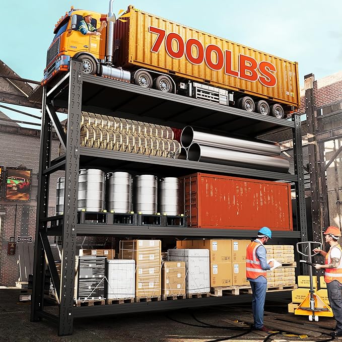 79” W Garage Shelving Heavy Duty, 7000LBS Metal Storage Shelves, 4 Tier Storage Rack Shelf, Steel Industrial Shelving, Adjustable Standing Shelf for Basement/Warehouse 79" W x 24" D x 79" H, Black