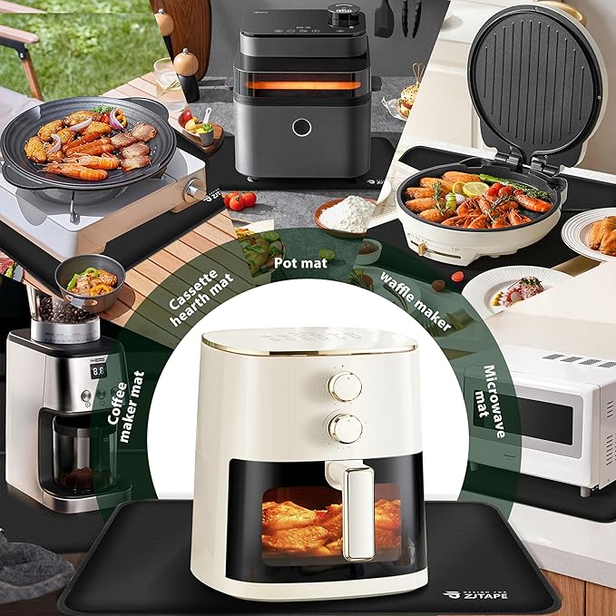 Heat Resistant Mat for Air Fryer Site - 19.6 x 11.8in, Fireproof Silicone Mats for Kitchen Counter, Heat Proof Mat, Non-slip & Waterproof for Deep Fryer, Oven, Coffee machine (Black)