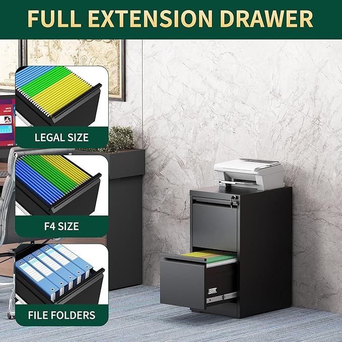 2 Drawer File Cabinet with Lock, Steel Vertical Filing Storage Cabinet for Home Office, Heavy-Duty File Cabinets for Letters/Legal/A4 (Require Assembly, Black)