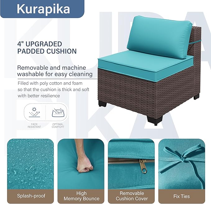 Kurapika 10 Pieces Patio Furniture Set, Rattan Wicker Sofa Set, Outdoor Conversation Sets w/Swivel Rocking Chairs Patio Sectional Sofa w/4 Inch Cushion, Blue