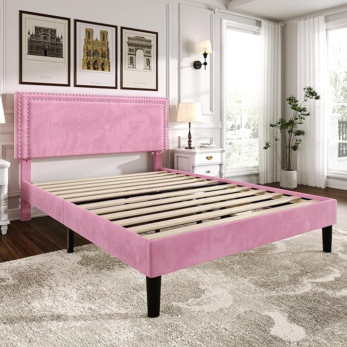 VECELO Full Size Bed Frame with Adjustable Upholstered Headboard, Wooden Slats Platform, Noise-Free Design, No Box Spring Needed, Easy Assembly