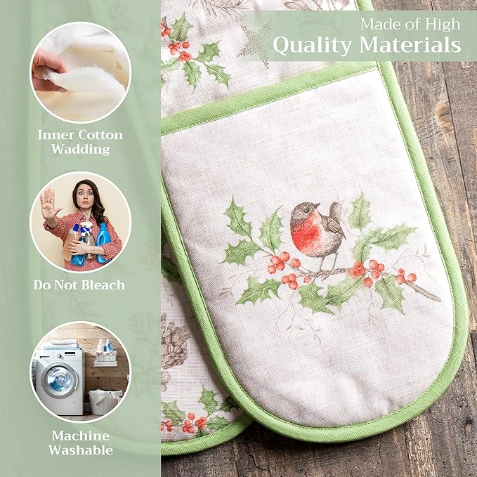 Maison d' Hermine Double Oven Mitt (7" x 35") 100% Cotton Heat Resistant BBQ Cooking Gloves with Loop for Thanksgiving Christmas Decorations Baking Cooking Barbeque Handling Hot Pan (Christmas Dew)