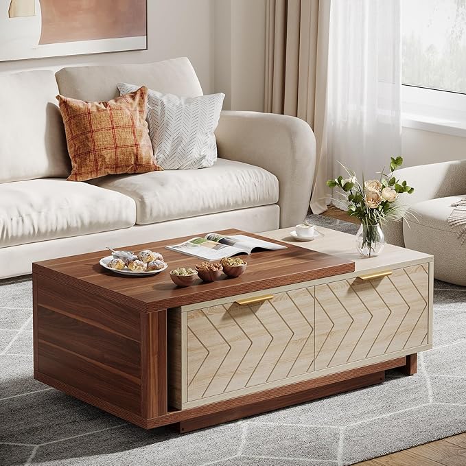 Tribesigns Extendable Coffee Table with 2 Storage Drawers, Dual-Tone Center Table with Sliding Tabletop, Multi-Functional Hidden Storage Wooden Rectangle Cocktail Table for Living Room (Walnut & Oak)