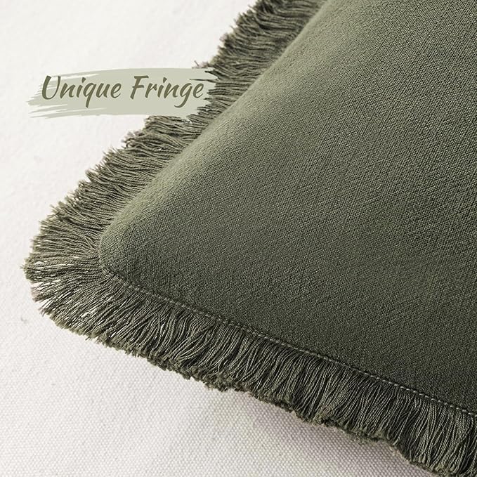 MIULEE Decorative Throw Pillow Covers Neutral Linen Fringe Throw Pillows Set of 2 Olive Green Boho Farmhouse Cushion Covers with Tassels for Couch Sofa Bed Living Room Spring Home Decor 20x20 Inch