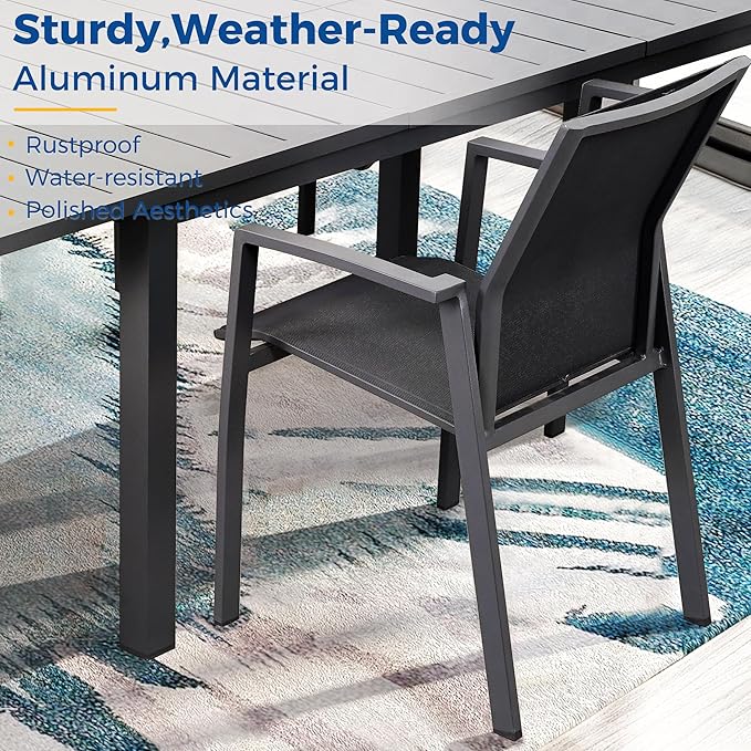 Wisteria Lane 9 Piece Aluminum Outdoor Patio Dining Sets with Fully Assembled Dining Chair，91.3" L×39.4" W Expandable Patio Table and Chairs Set for 8, Stackable Chairs with Quick Drying Fabric, Grey