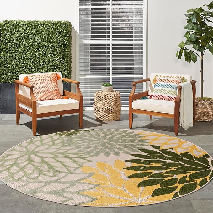 Nourison Home Aloha Indoor/Outdoor Green Multicolor 7'10" x Round Area Rug, Easy-Cleaning, Non Shedding, Bed Room, Living Room, Dining Room, Backyard, Patio, Deck (8 Round)
