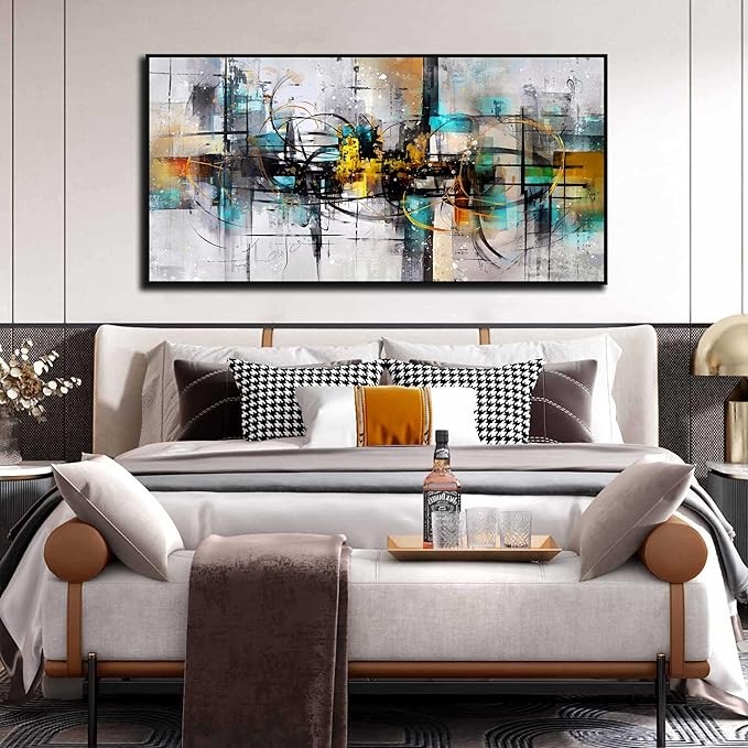 SIXTTART Abstract Canvas Wall Art for Living Room - Black and Teal Canvas Wall Art with Frames - Home Office Decor Ready to Hang Size 29" x 59"