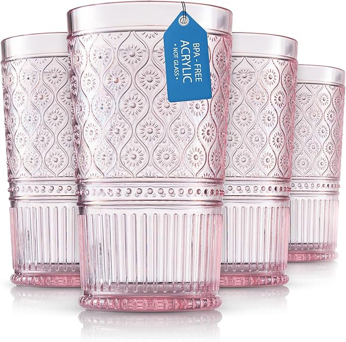 Godinger Highball Drinking Glasses, Acrylic Drinking Glasses Set, Elegant Tall Plastic Cups, Vintage Romantic Decor - Set of 4, Blush