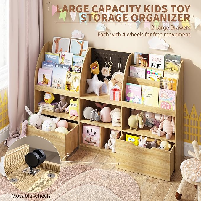 Toy Storage Organizer, Kids Book Shelf and Toy Organizer, 67" Toy Organizers and Storage with Movable Drawers, Playroom Organization and Kids Reading Nook with 5 Storage Cubbies, Natral Wood