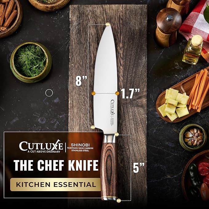 Cutluxe Chef Knife – Ultra Sharp 8" Japanese Kitchen Knife, High Carbon Stainless Steel Blade, Full Tang Pakkawood Handle – Shinobi Series