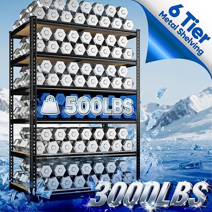 84" H Garage Shelving, 6 Tier Storage Shelves Load 3000 lbs, Adjustable Garage Shelves, Metal Shelving Unit for Warehouse, Basement, Pantry, 40" Wx 16" D x 84" H, Black