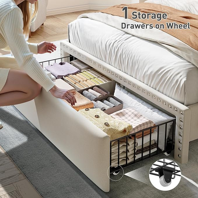 EnHomee Twin Size Bed Frame with One Large Storage Headboard & Charging Station, LED Platform Bed Frame with Storage Drawers, Sturdy Wooden Slats Support, Noise-Free, No Box Spring Needed, Beige