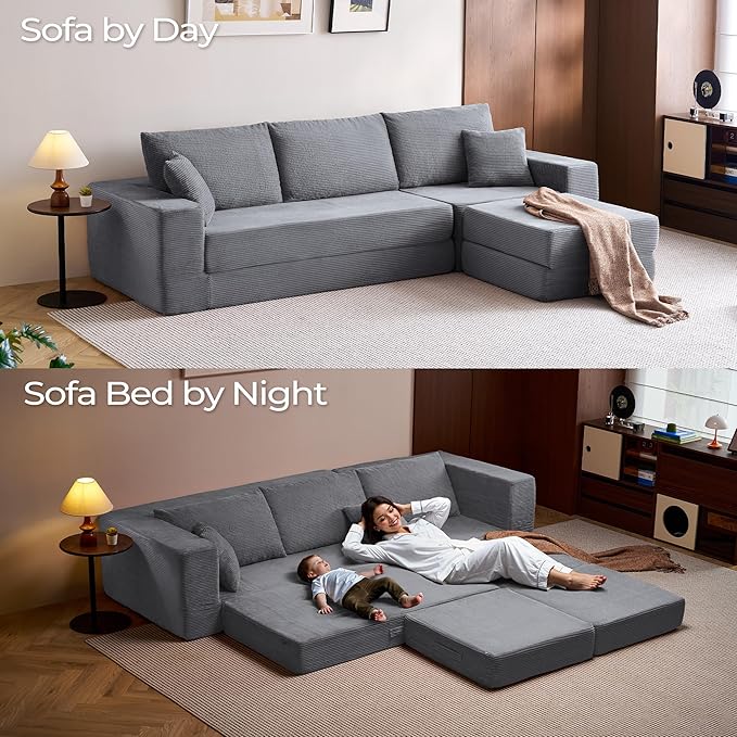 LINSY HOME Convertible Sofa Bed with 2 Pillows & Ottoman, L Shaped Modular Sectional Sleeper Sofa, Folding Sofas Corduroy Couch Bed Compression Sofa for Living Room Apartment, Grey